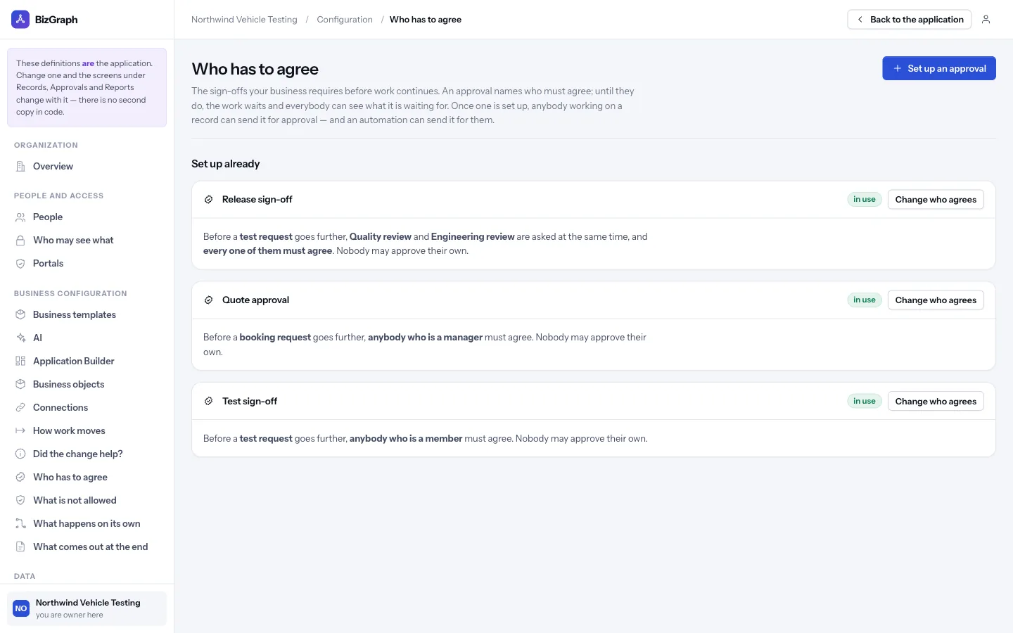 The approvals configuration listing release sign-off by two departments in parallel, quote approval by a manager, and test sign-off.
