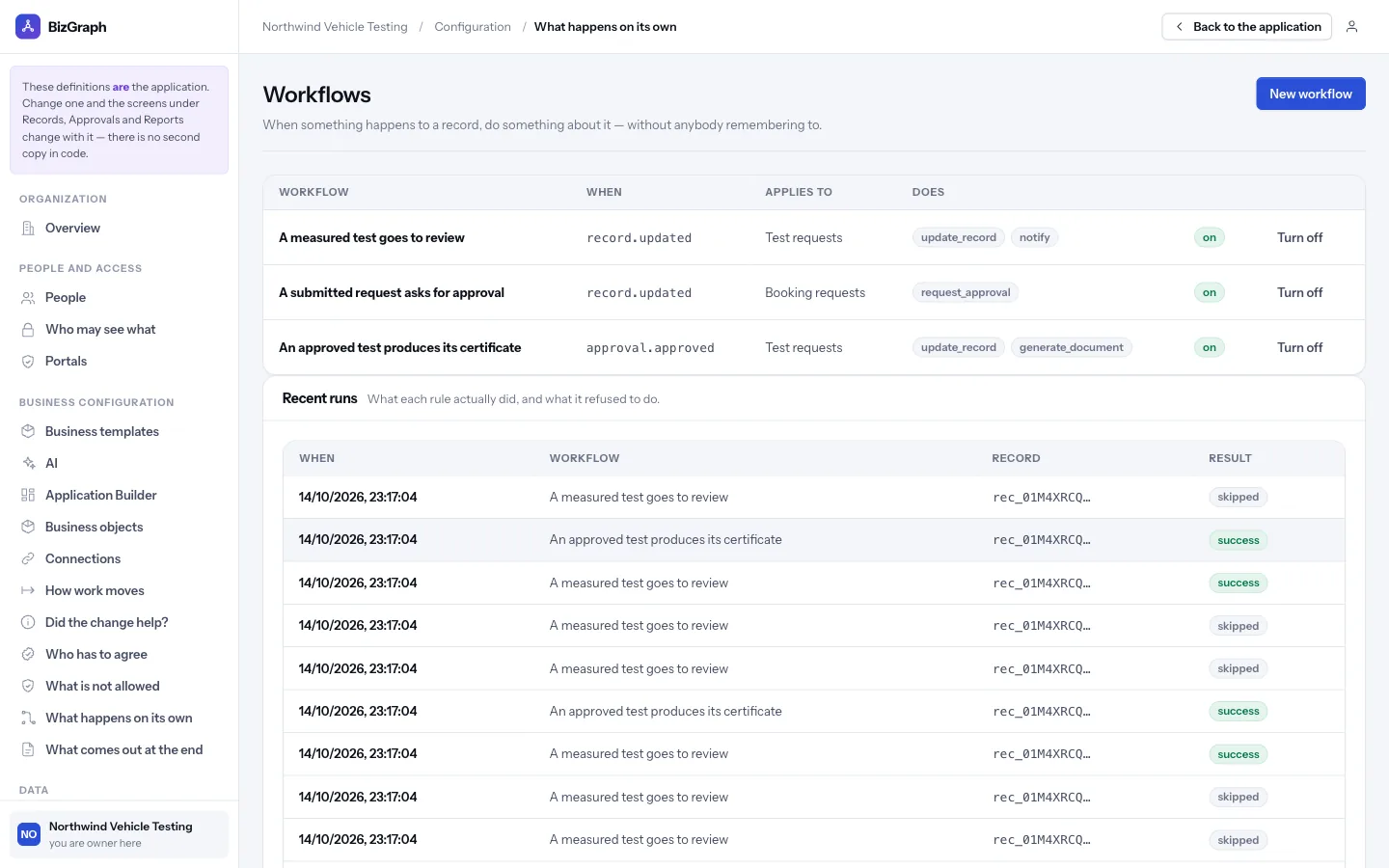 A list of workflows with their trigger, the object they apply to and their actions, followed by a log of recent runs and their results.